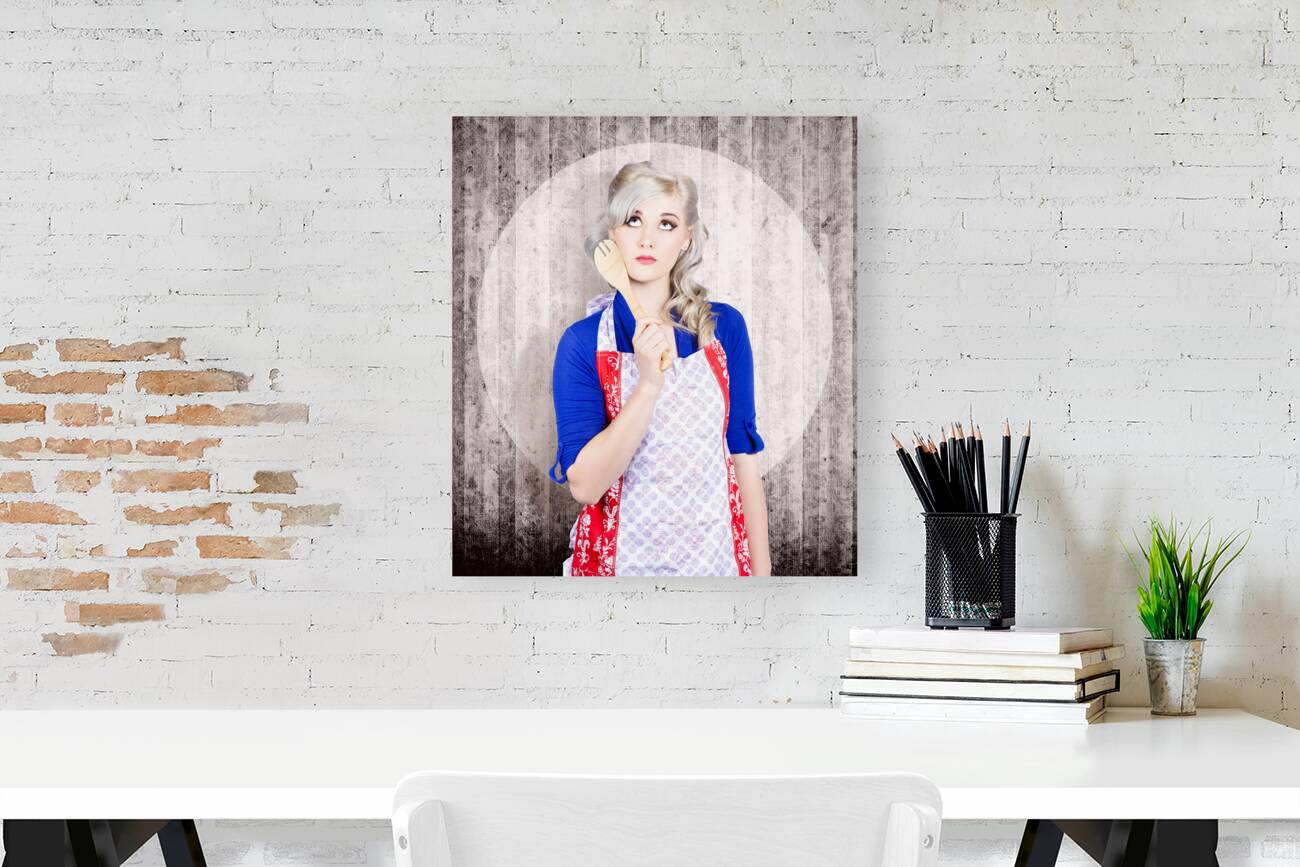 Young pinup housewife thinking what to cook Reproduction