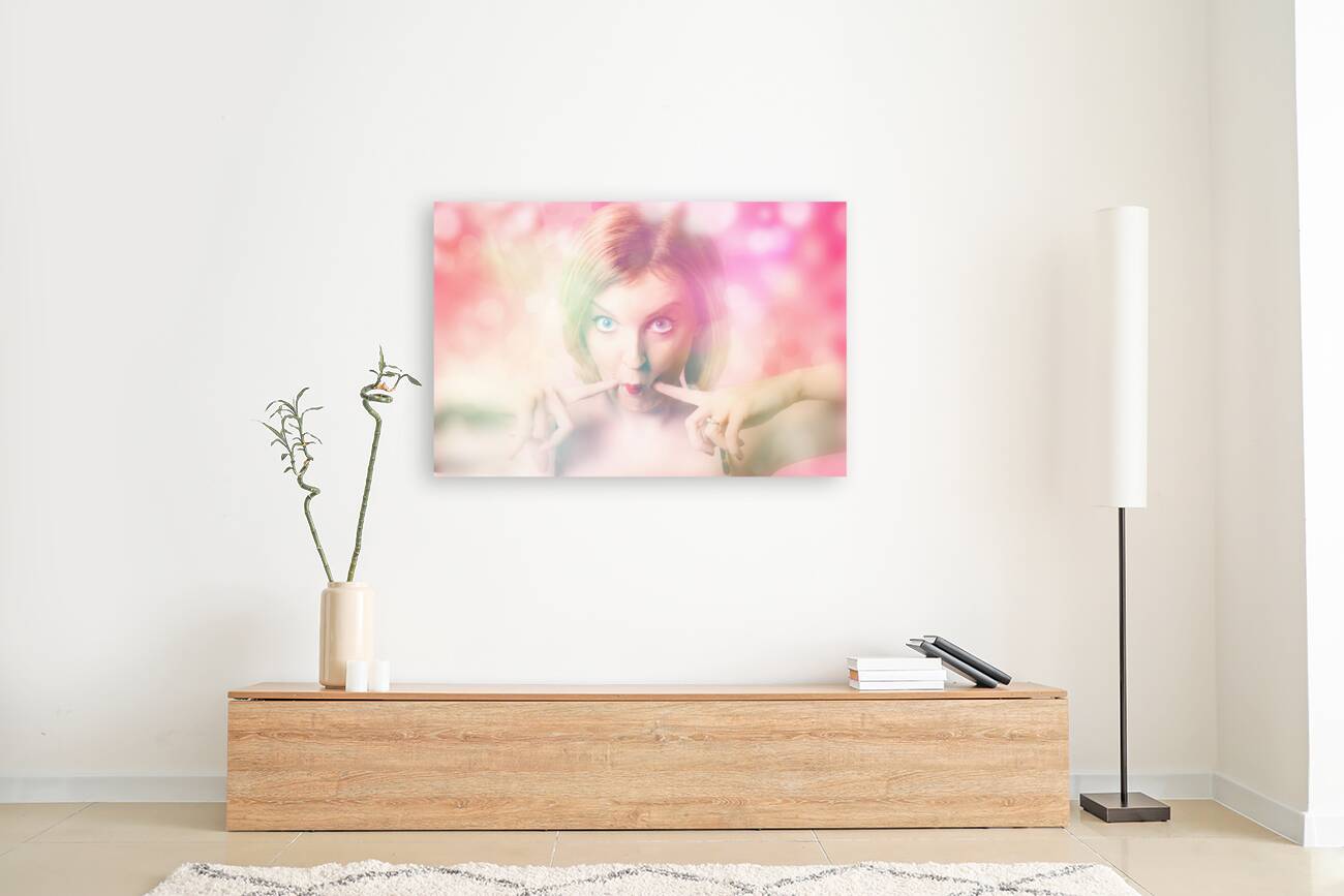 Blushing pinup girl in haze of makeup hues Reproduction