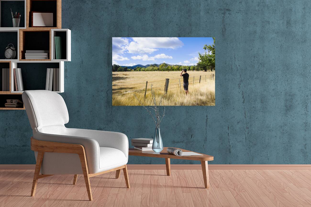Man enjoying a rural farm landscape in Hobart Reproduction