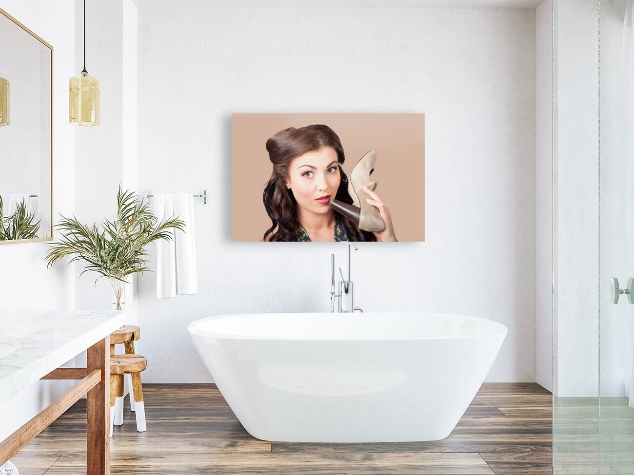 Pinup vintage woman chatting on shoe phone Reproduction