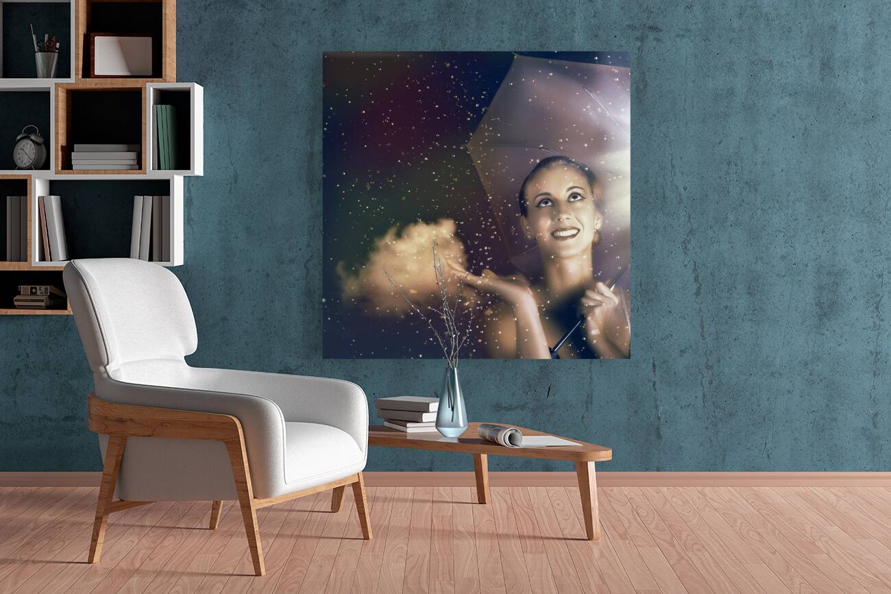 Happy Woman Walking Outside On A Rainy Summer Day Reproduction