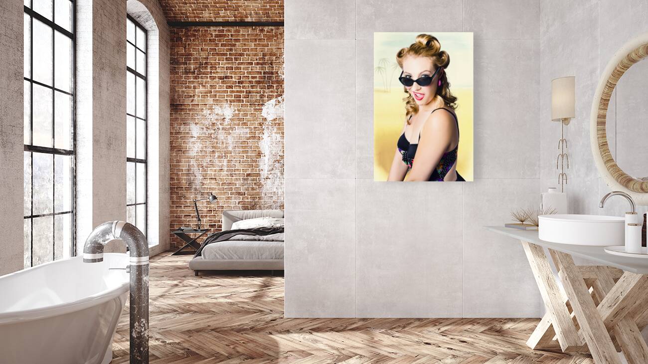 Surprised pinup girl on tropical beach background Reproduction