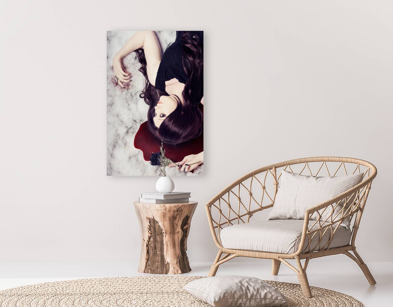 Dead woman holding black flower in blood puddle Reproduction