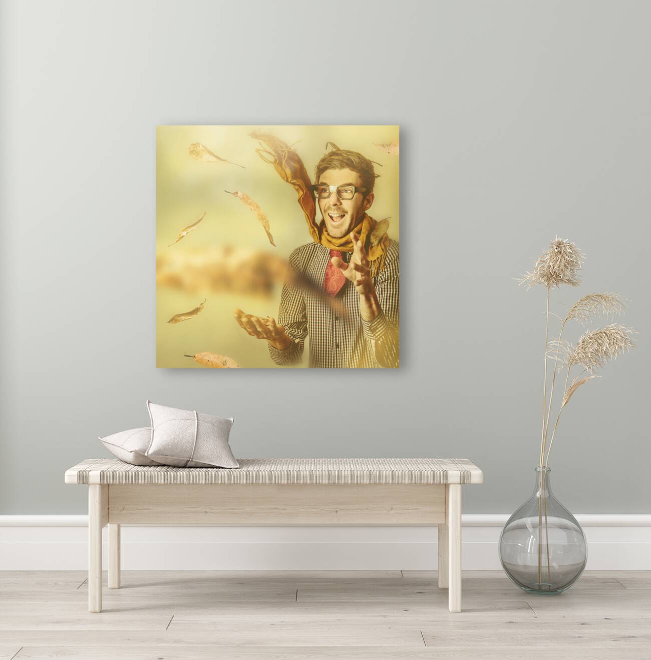 Happy nerd celebrating the fall of autumn Reproduction