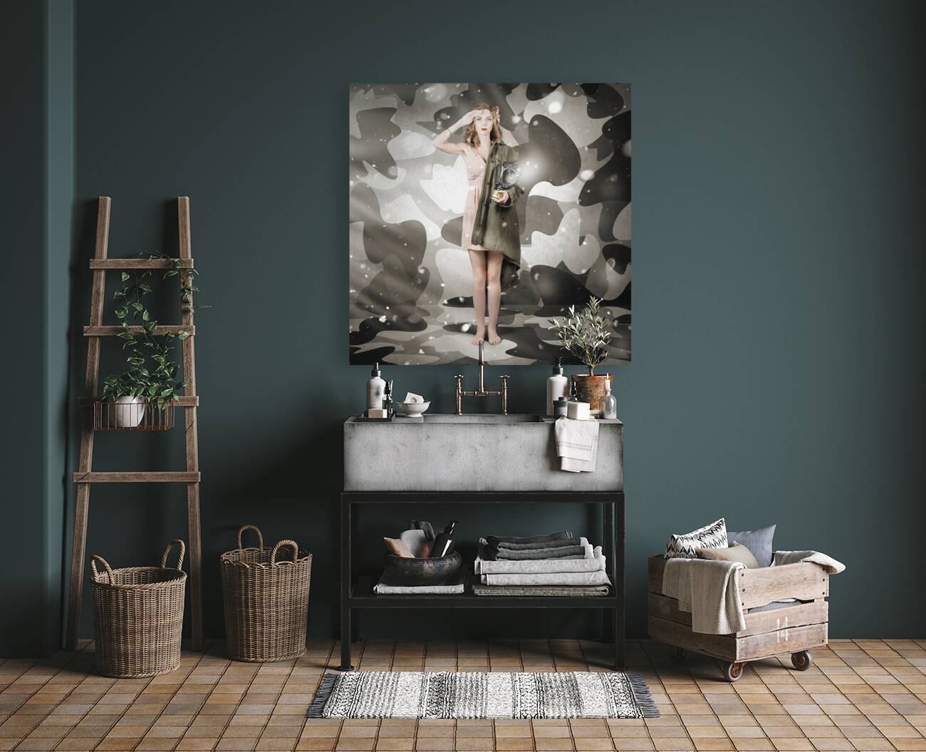 Sexy army girl saluting on snow camo background Reproduction