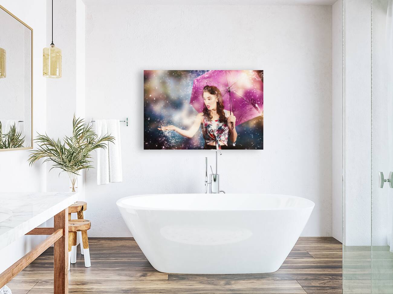 Beautiful pin up woman catching rain water Reproduction