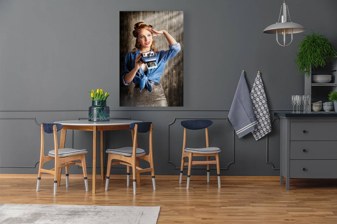 Young Retro Woman Holding Instant Camera Reproduction