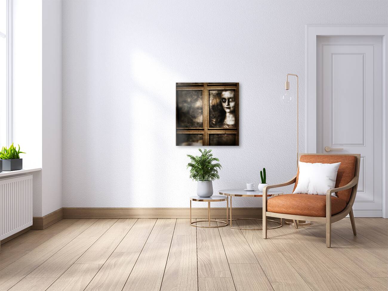 Scary murderer standing by the window with handgun Reproduction