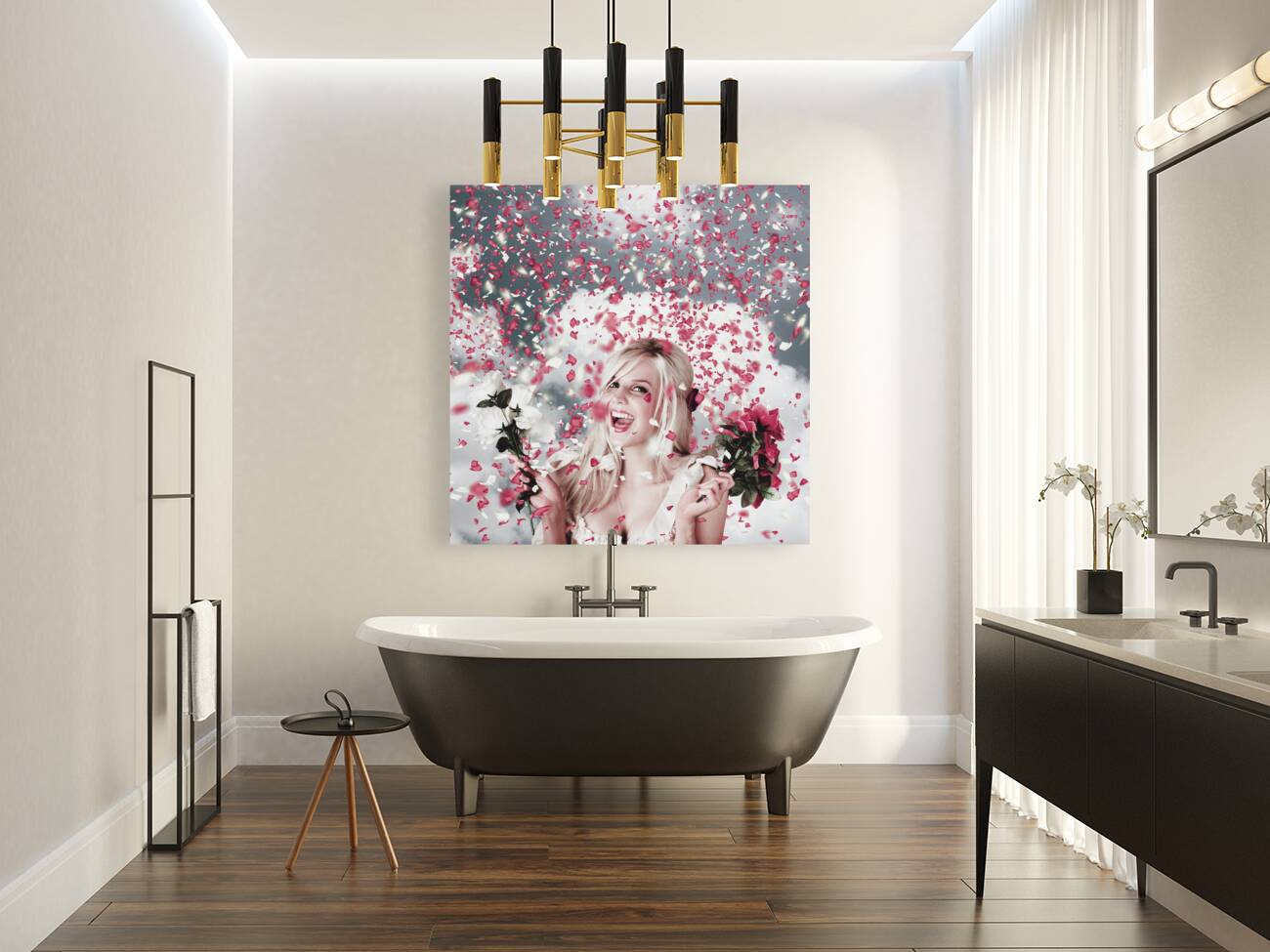 Tender woman with flowers. Romantic celebration Reproduction