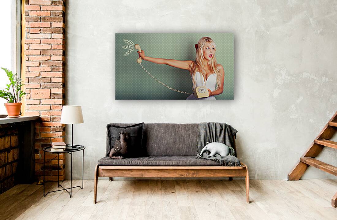 Comic Portrait Of A Blond Pin-up Girl With Phone Reproduction