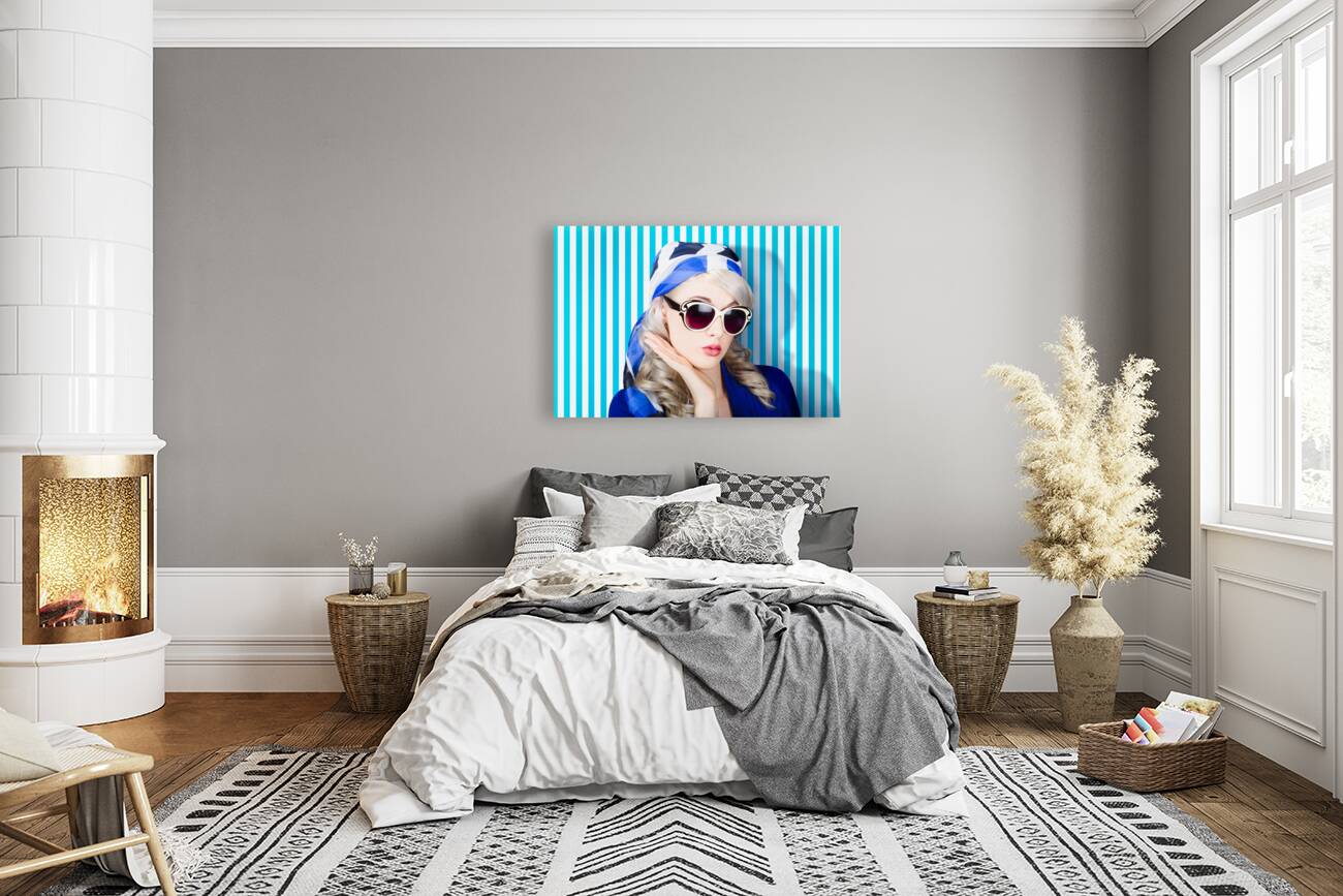 Beautiful retro pinup girl in scarf and sunglasses Reproduction