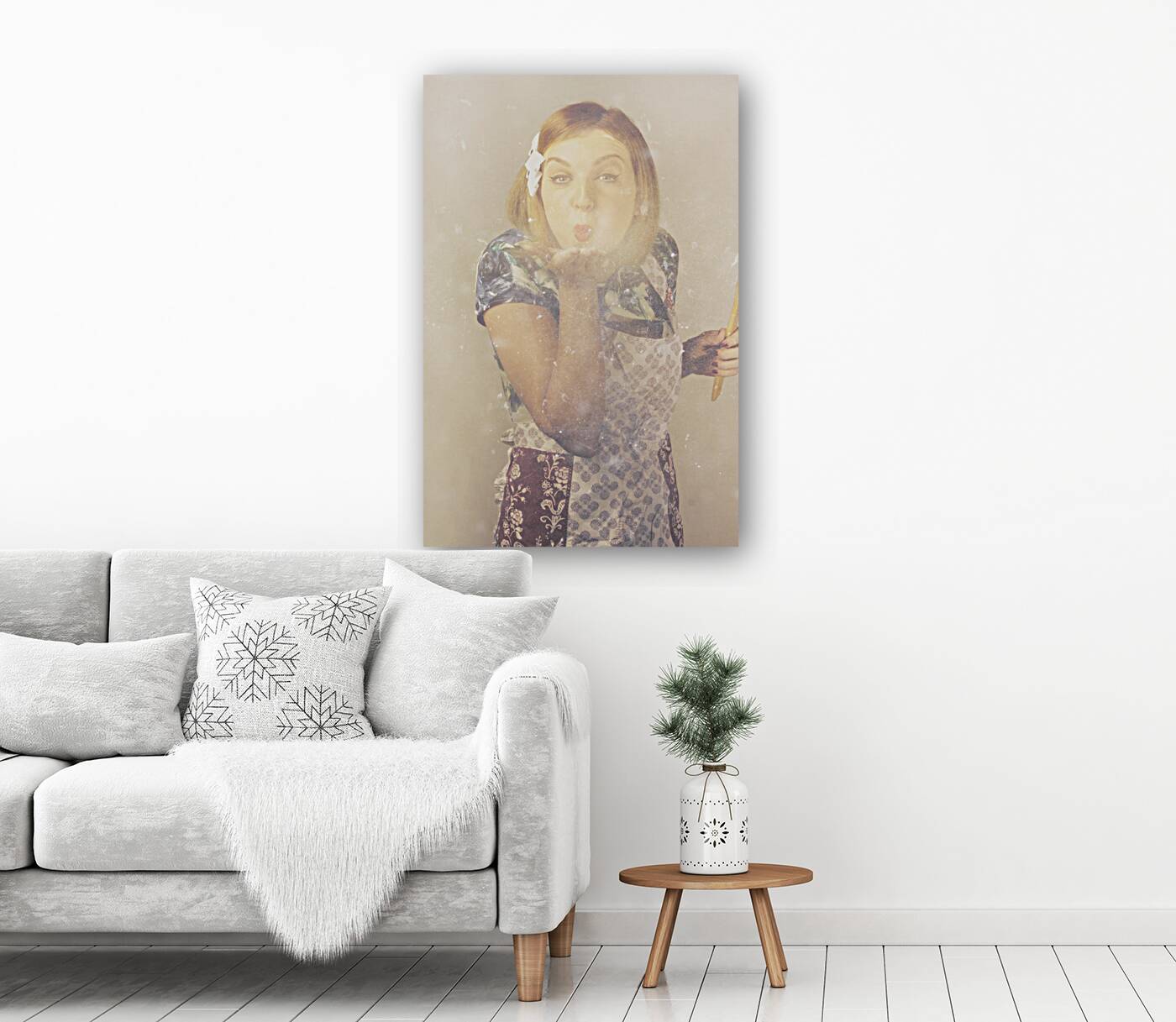 Vintage cookery girl baking with pinch of flour Reproduction