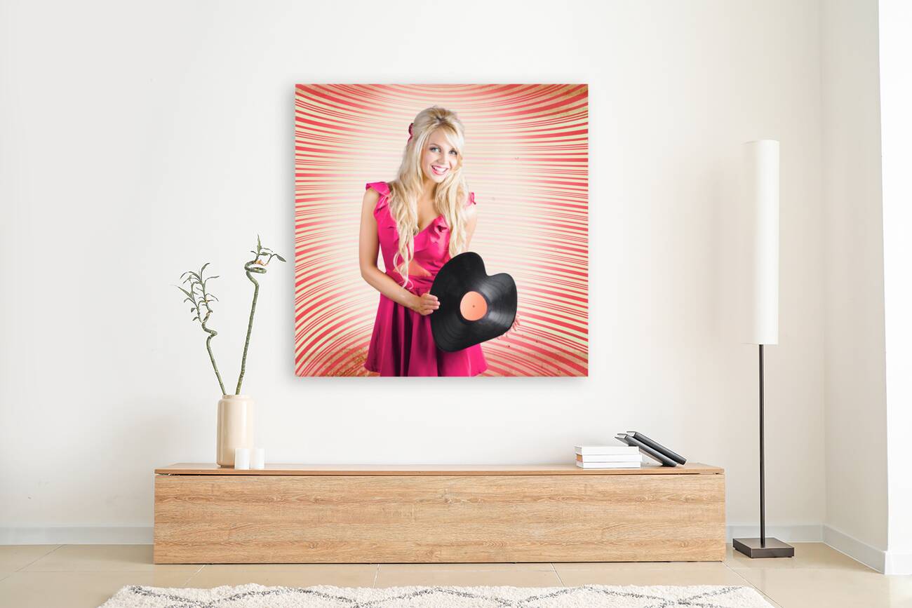 Smiling DJ Woman In Love With Retro Music Reproduction