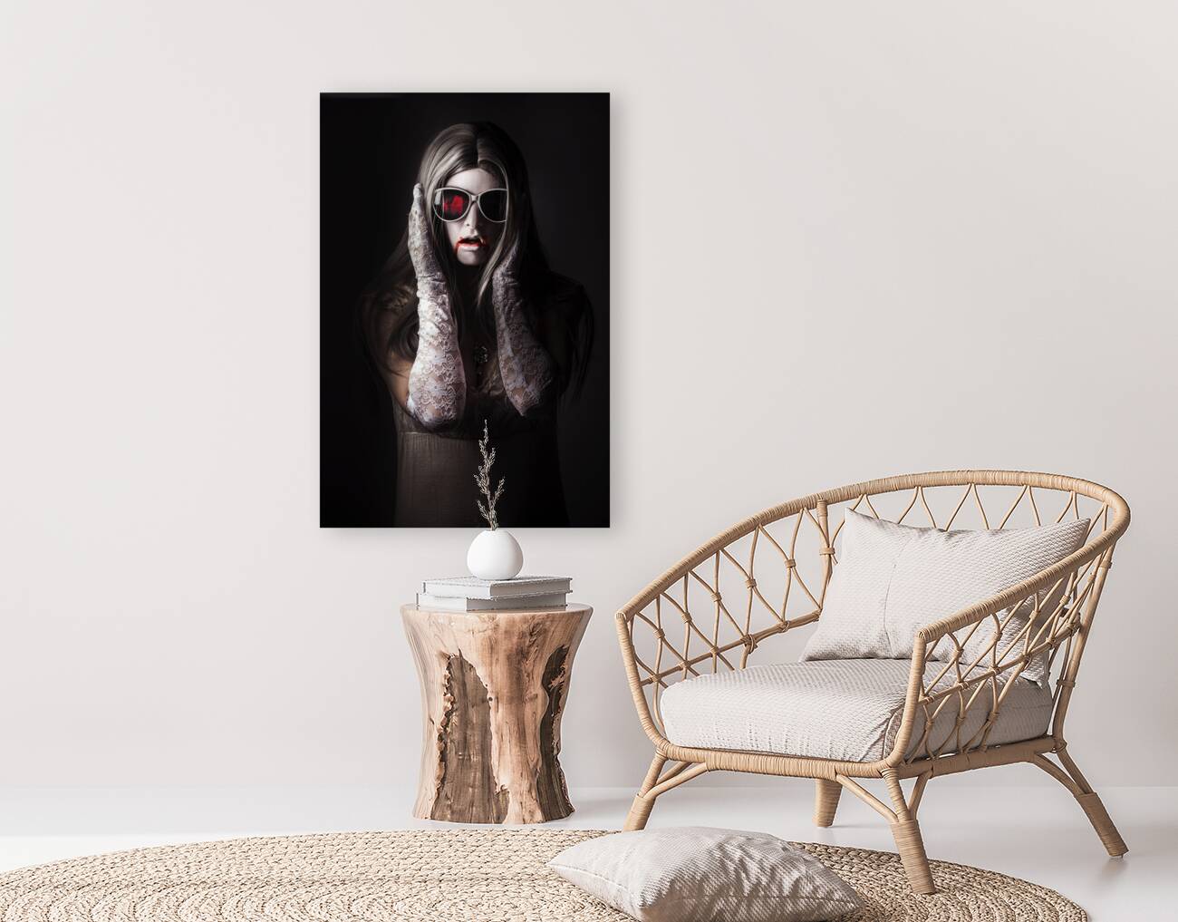 Vampire woman in darkness hiding from the light Reproduction
