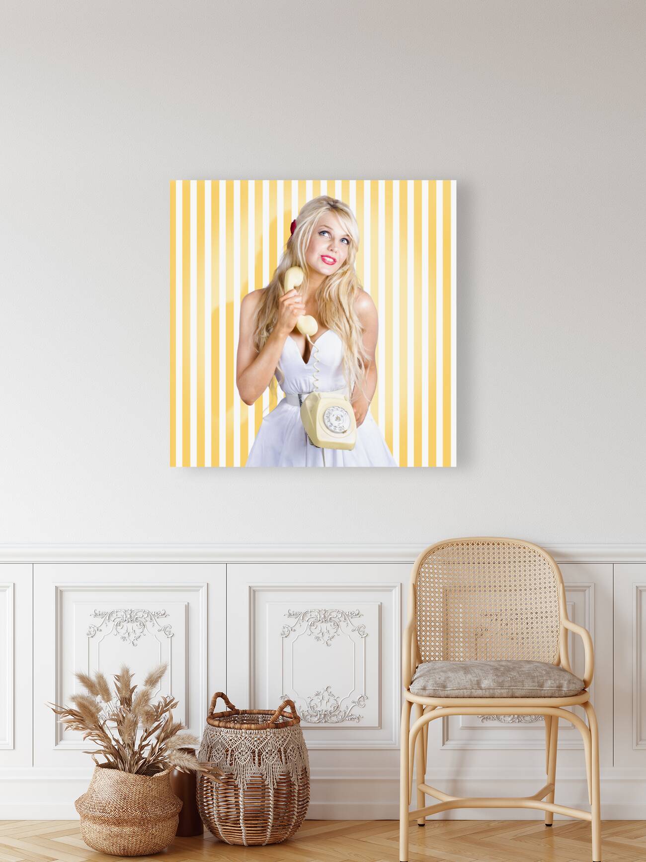 Female model with phone in classic retro fashion Reproduction