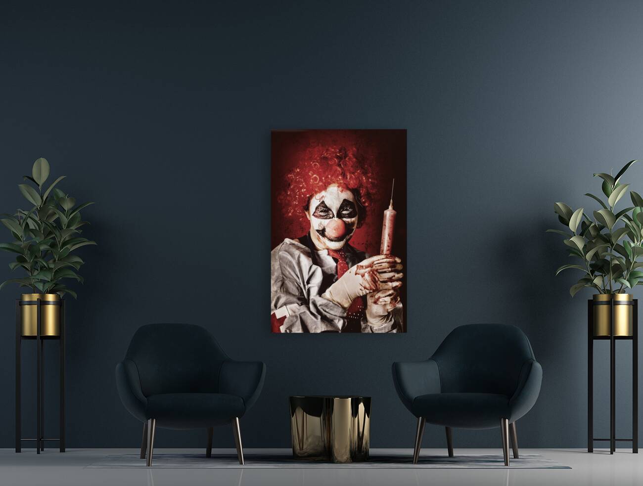 Crazy medical clown holding oversized syringe Reproduction