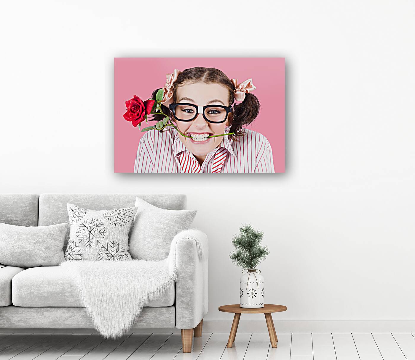Cute Smiling Woman Wearing Nerd Glasses With Rose Reproduction