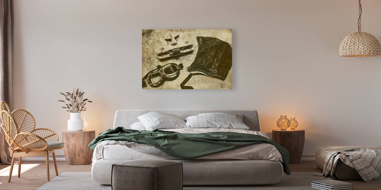 Goggles pouch and model biplane on map Reproduction