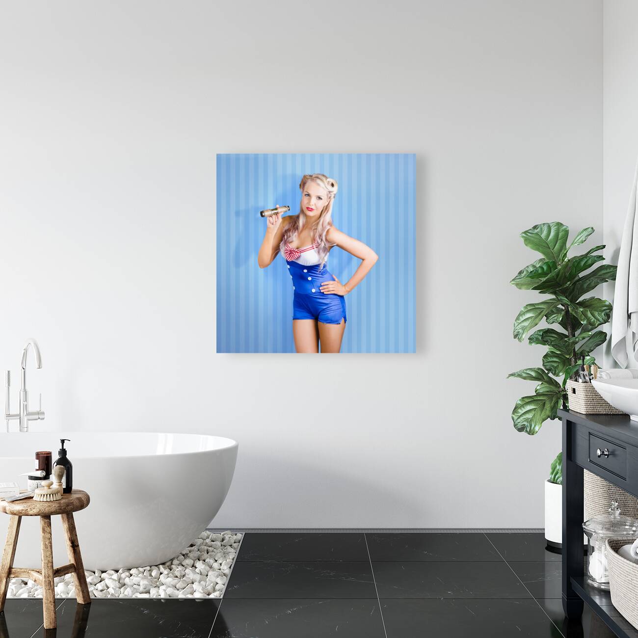 Retro style pin-up sailor girl on blue background Reproduction