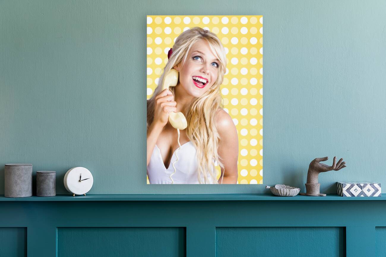 Retro phone beauty with glamour hair and makeup Reproduction