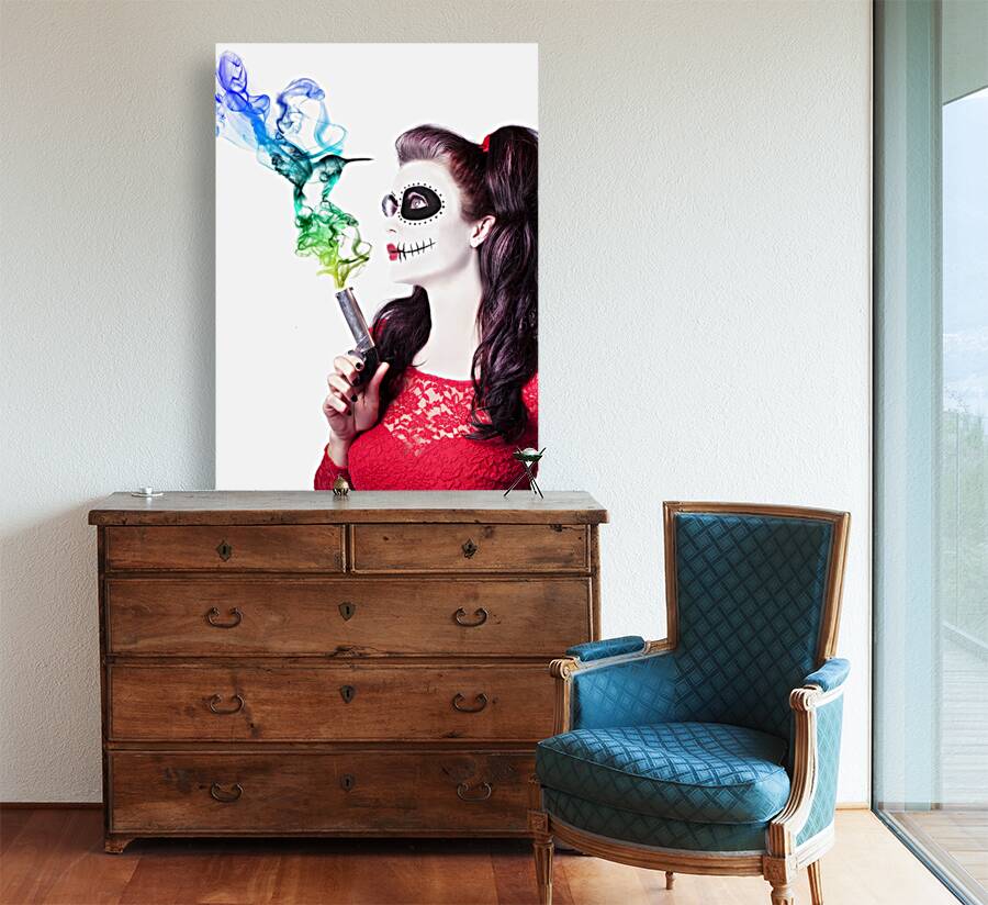 Sugar skull girl blowing on smoking gun Reproduction