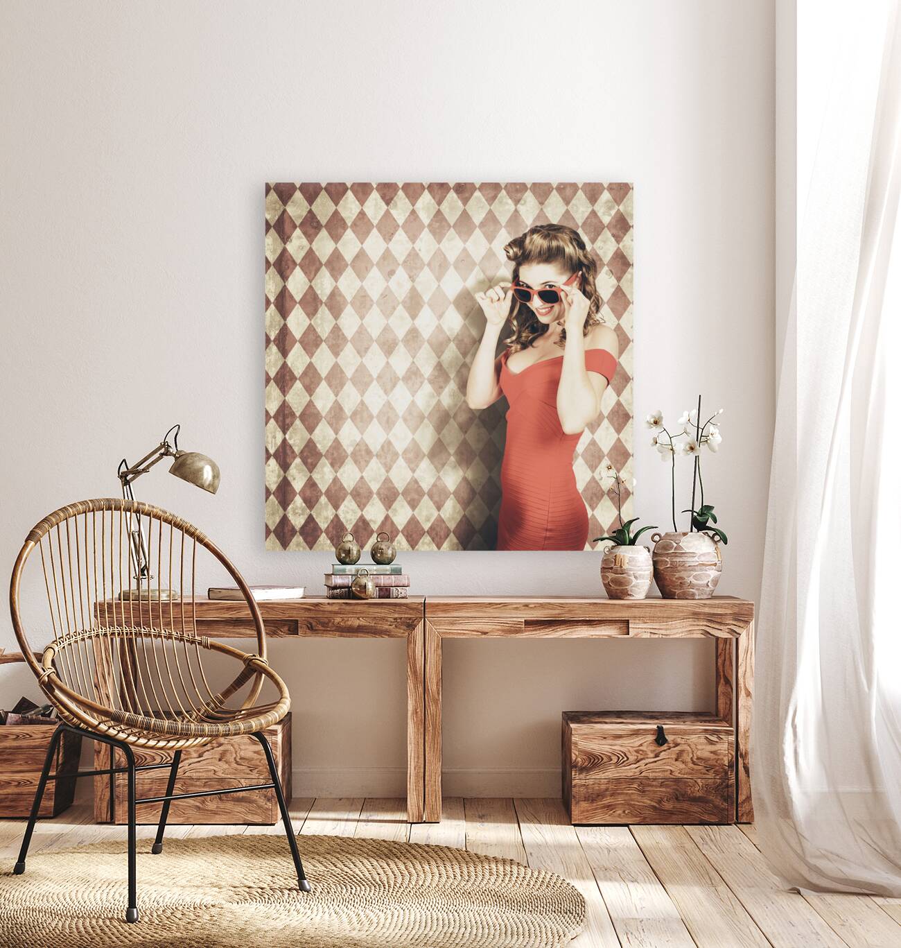 Vintage pinup fashion model in womens sunglasses Reproduction