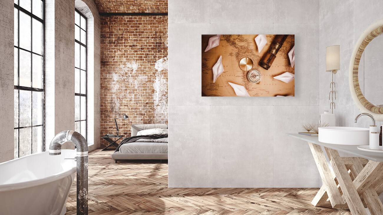 Explorer desk with compass map and spyglass Reproduction