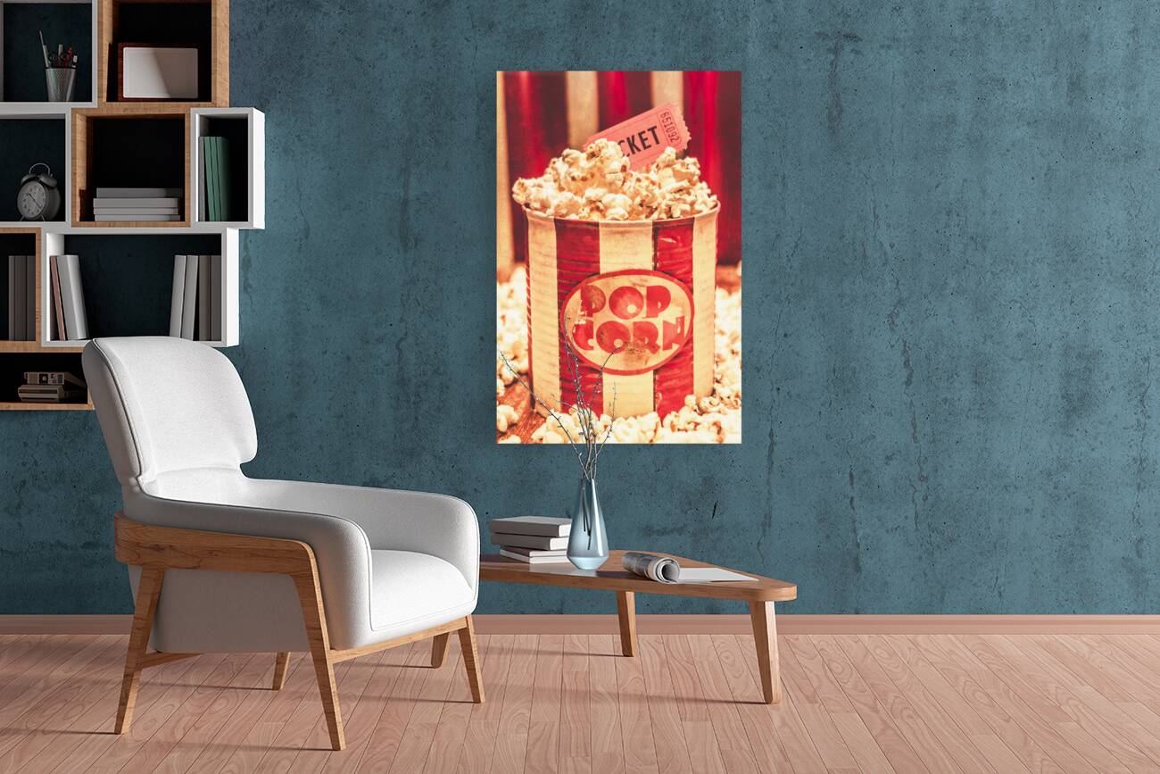 Retro tub of butter popcorn and ticket stub Reproduction