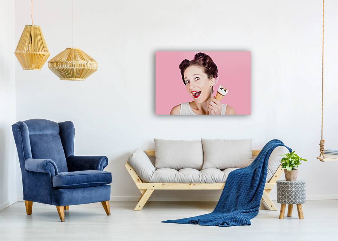 Funny pinup girl with ice cream in isolated studio Reproduction