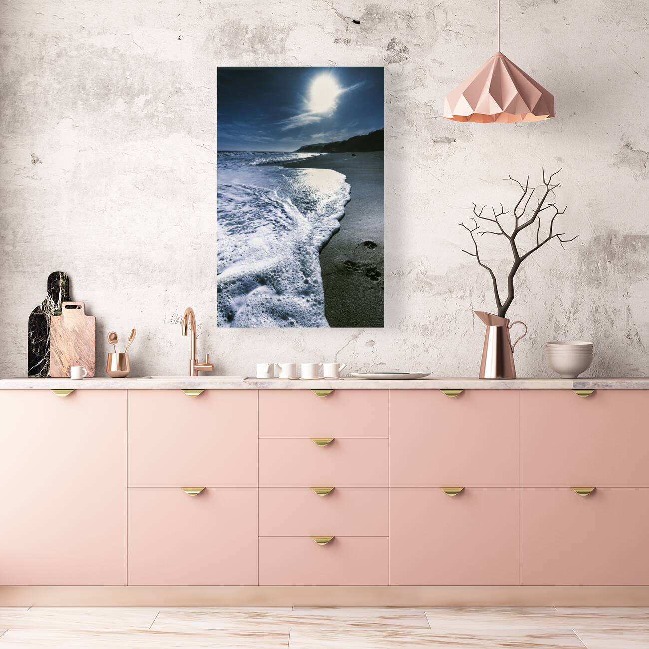 Blue moonlight beach landscape Reproduction