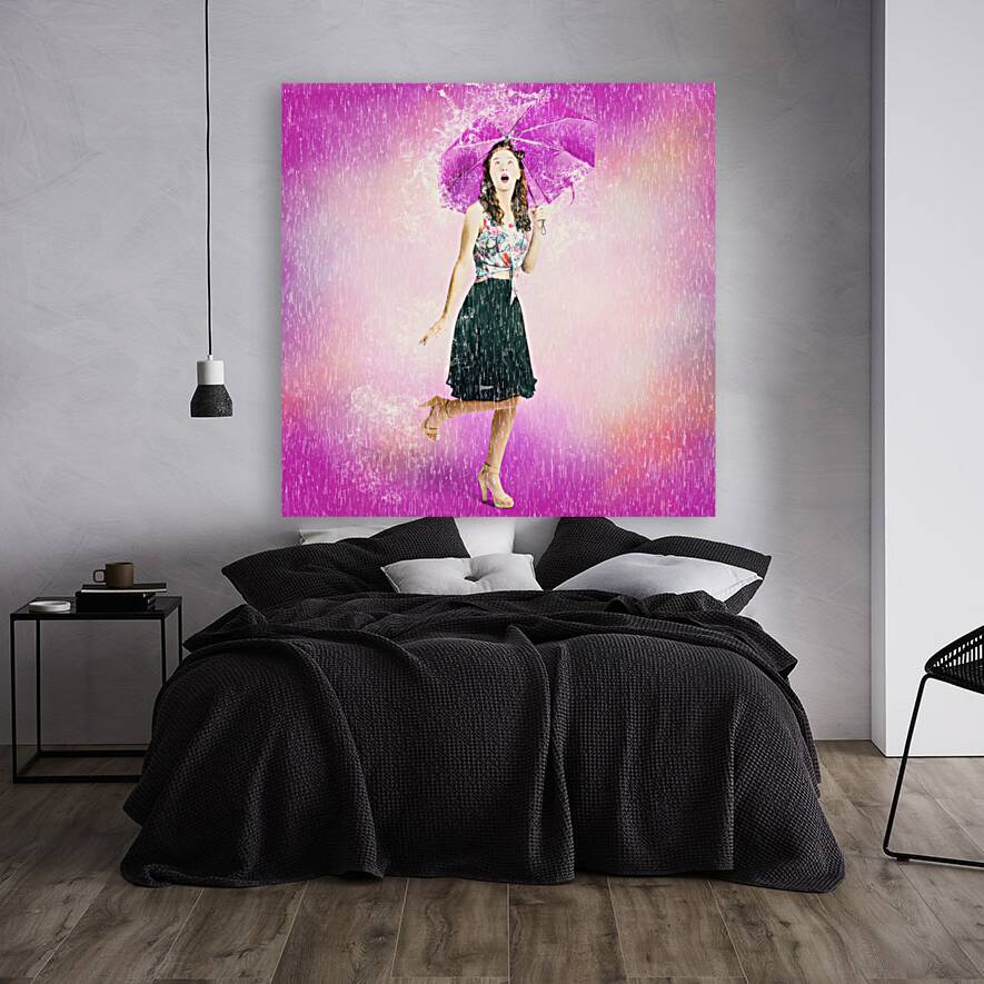 Pin-up girl in rain downfall. Hop skip and jump Reproduction