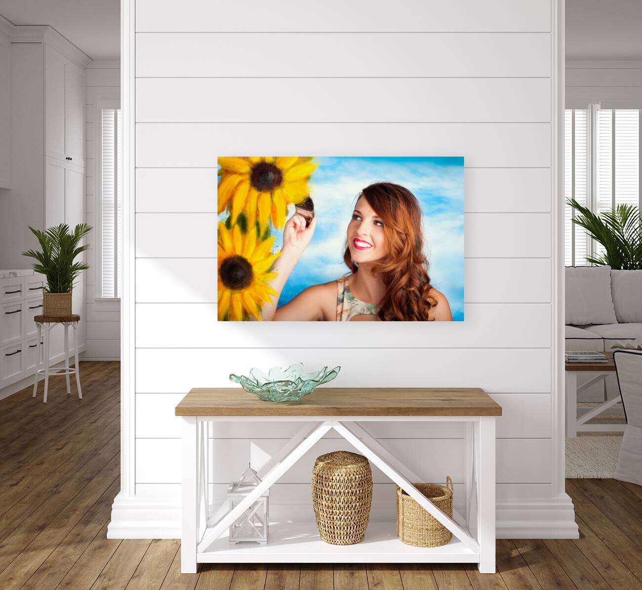 Female artist drawing sun flowers during summer Reproduction