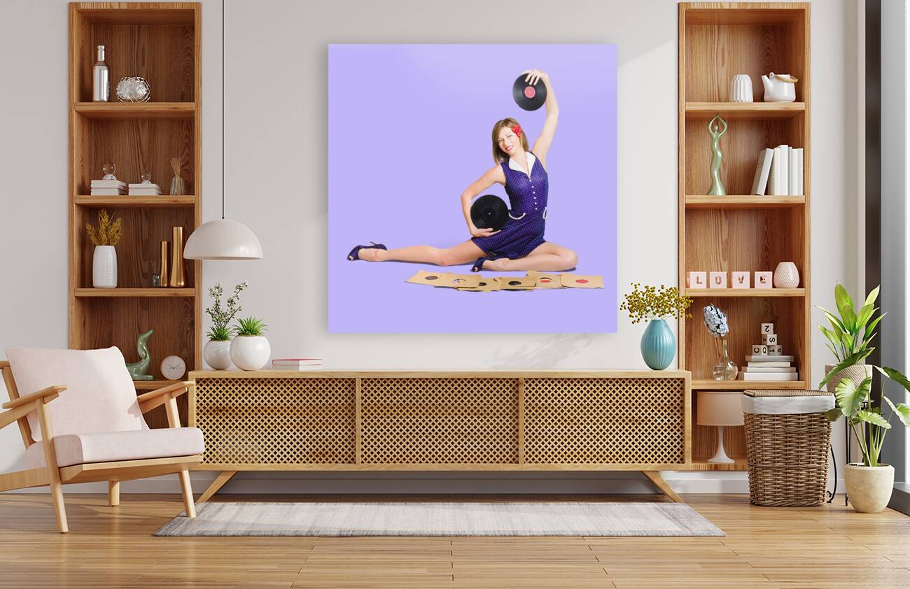 Pin-up woman balancing sound with record music Reproduction