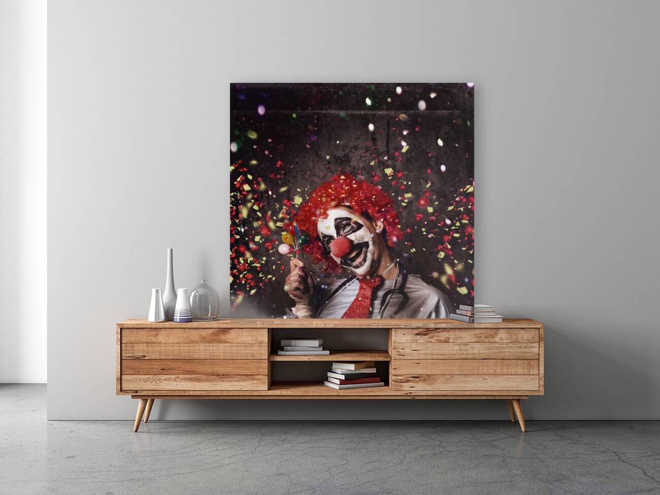 Creepy birthday clown at party celebration Reproduction