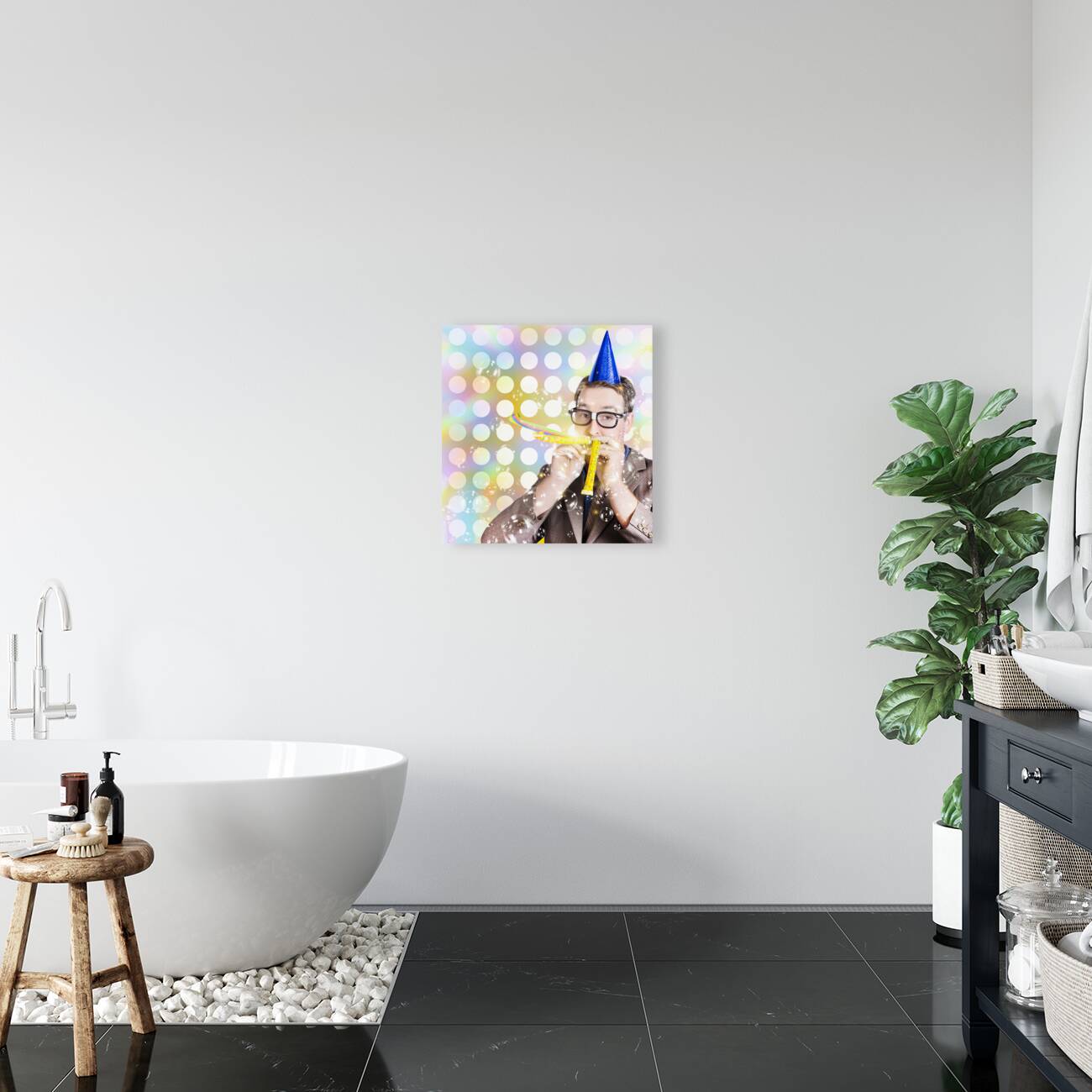 Amusement man in party hat celebrating a birthday bash Reproduction