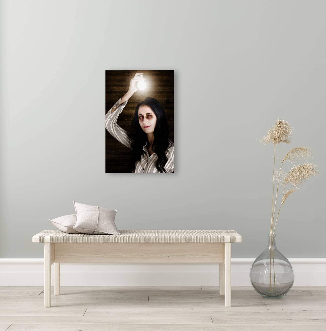 Creepy attic girl with bright halloween ideas  Reproduction