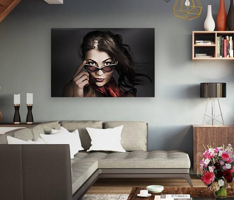 Beautiful pinup woman. Dark 50s fashion portrait Reproduction