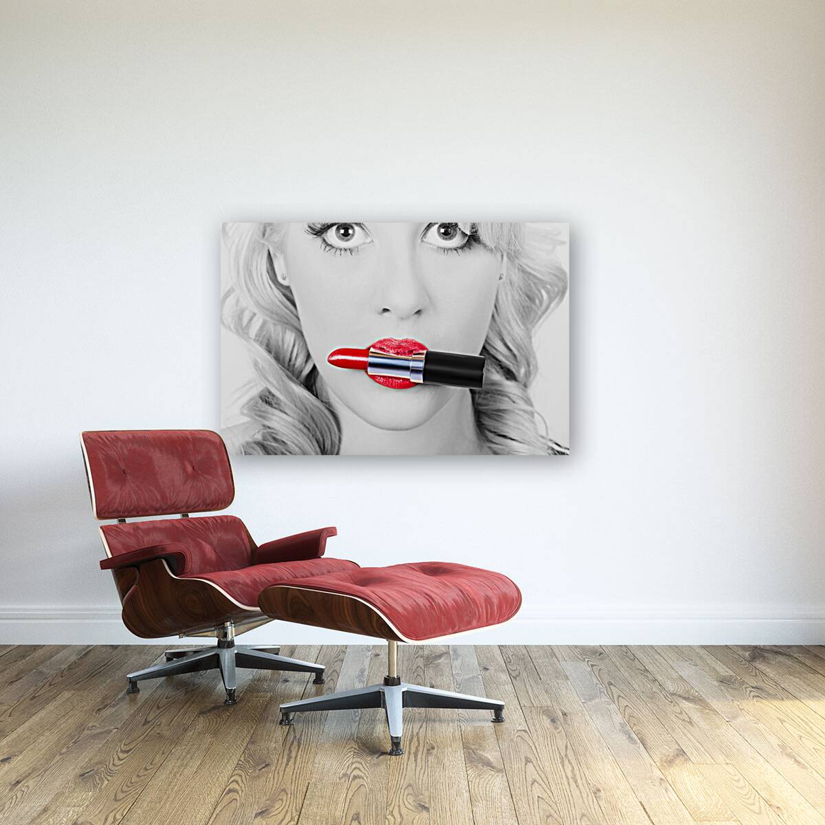 Make-up closeup. Cosmetic pinup girl in lip makeup Reproduction