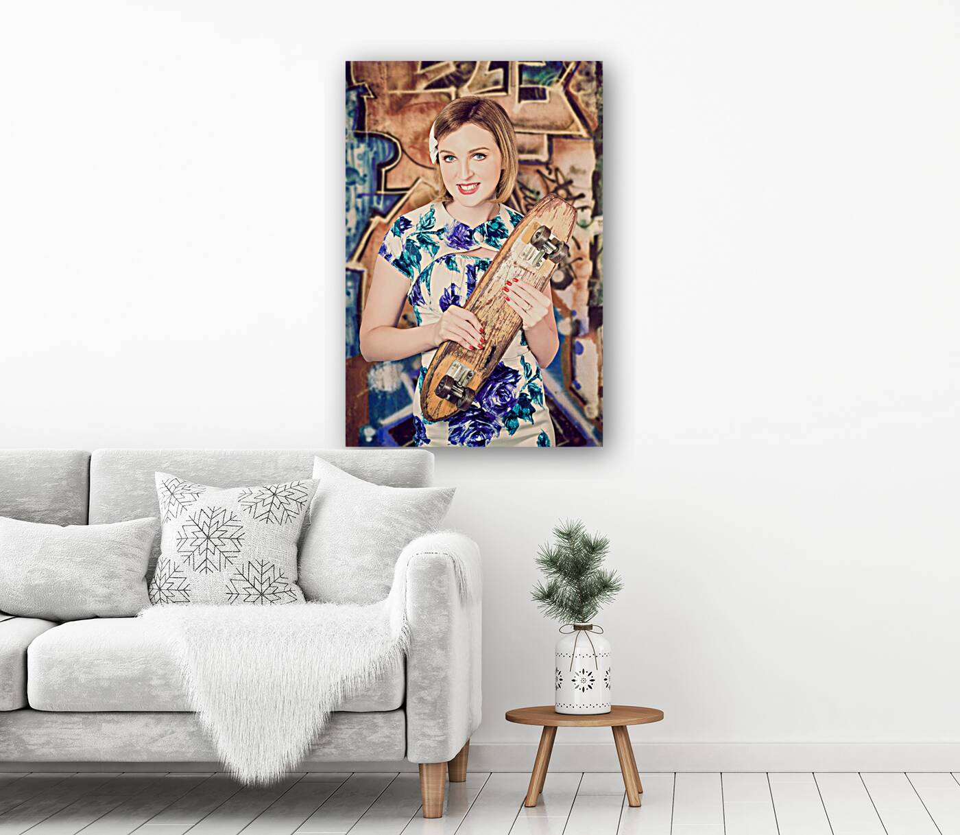 Skater girl from 1950s holding wooden skate deck Reproduction