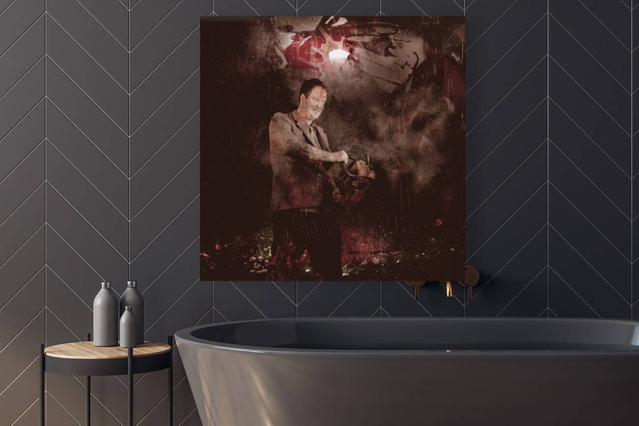 Scary horror man slinging bloody chainsaw in dark Reproduction