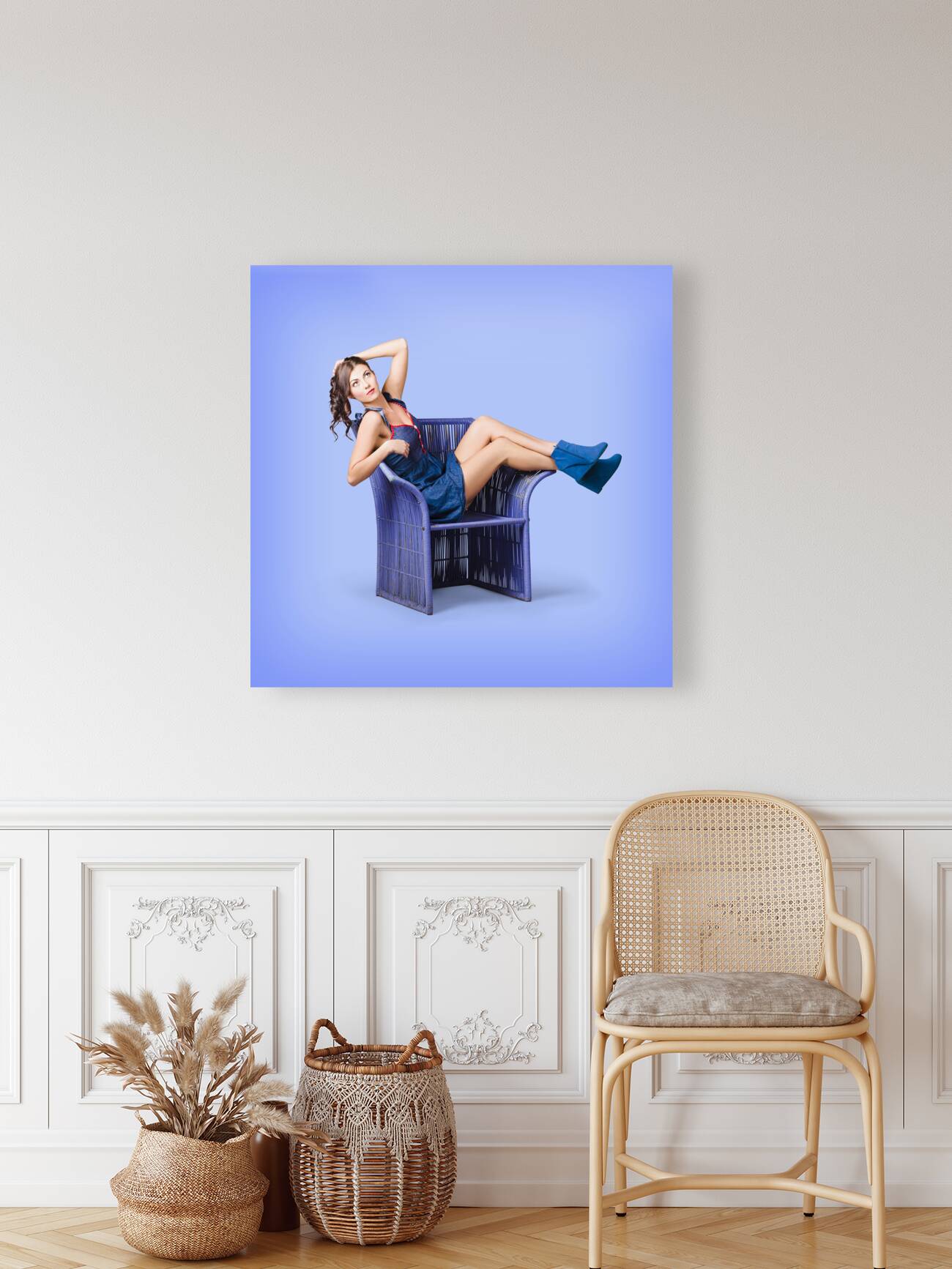 Full-length portrait. Lovely woman in denim dress Reproduction