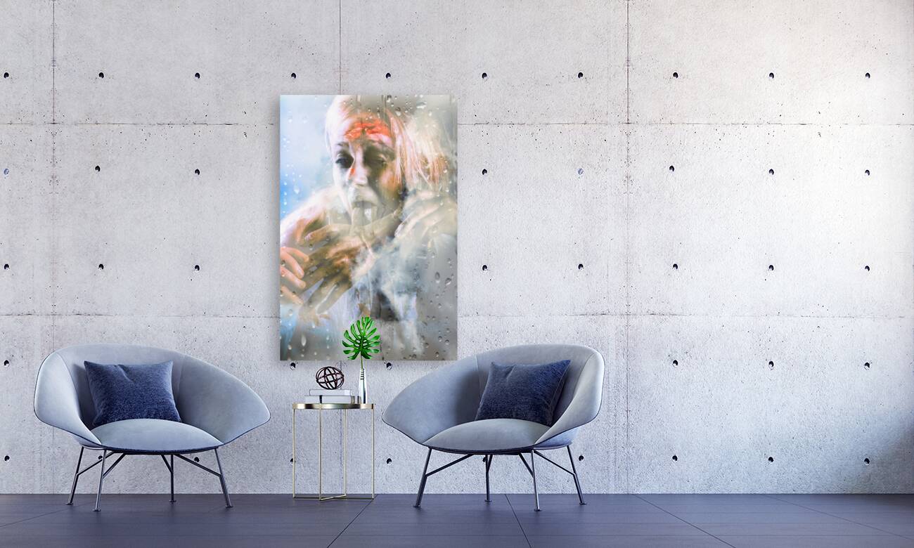 Scary horror zombie licking human hand at window Reproduction