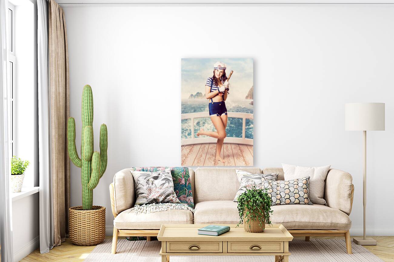 Ocean holiday pinup girl on cruise ship deck Reproduction