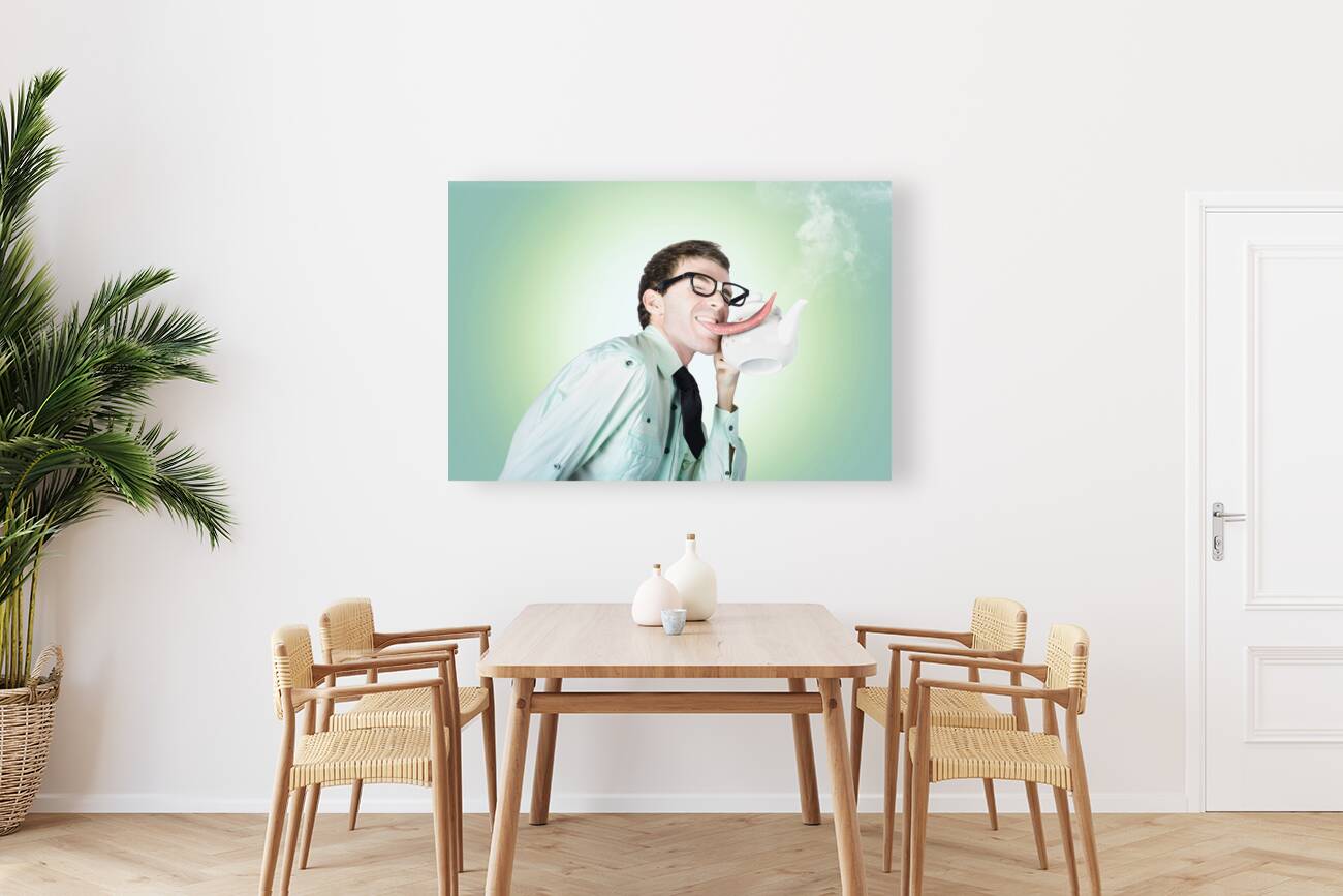 Sensual dorky man preparing for coffee love Reproduction