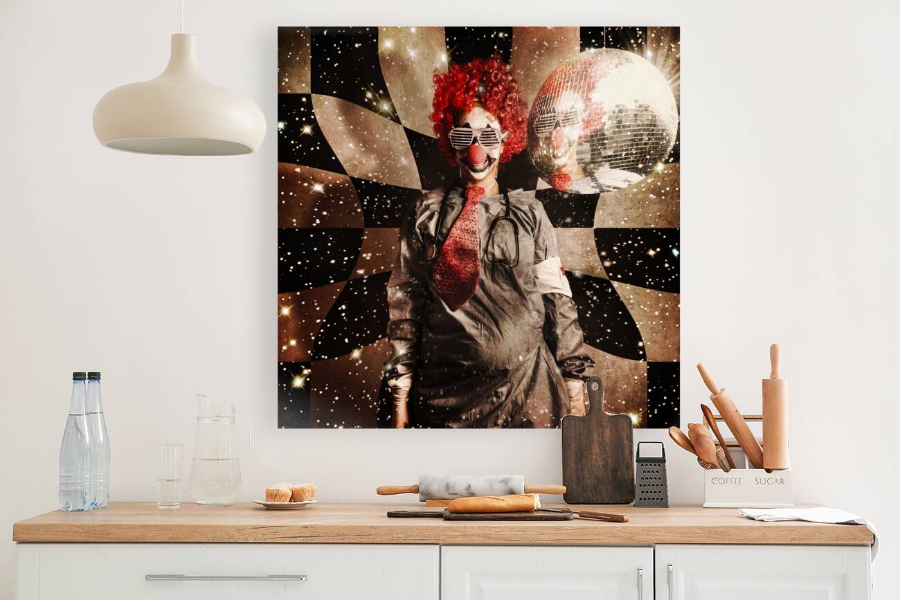 Crazy dancing disco clown on a psychedelic trip Reproduction