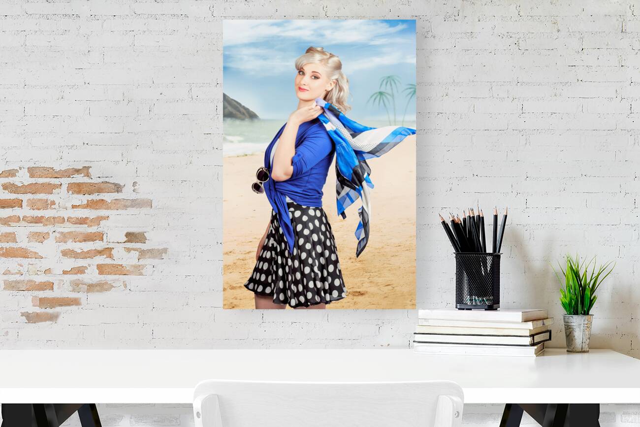 Young retro woman on a tropical beach vacation Reproduction