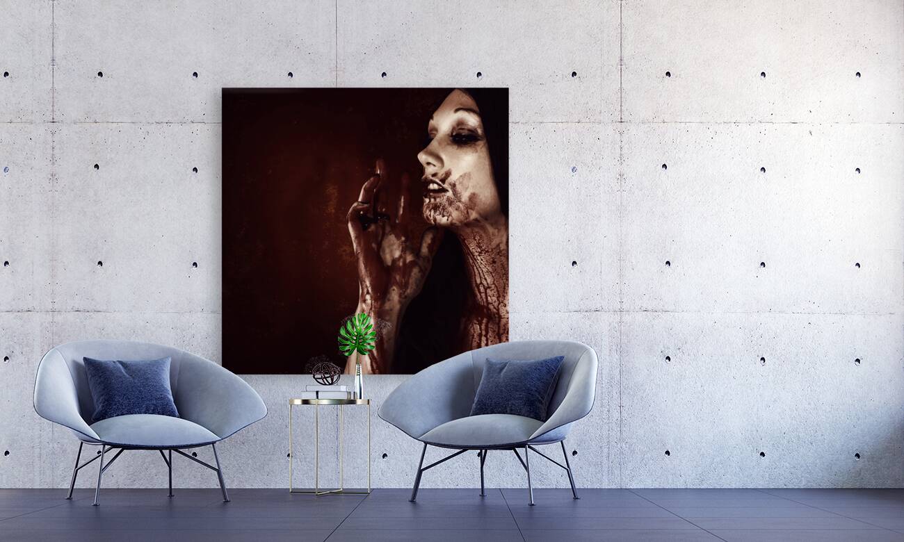 Vampire woman touching tasting and smelling blood Reproduction