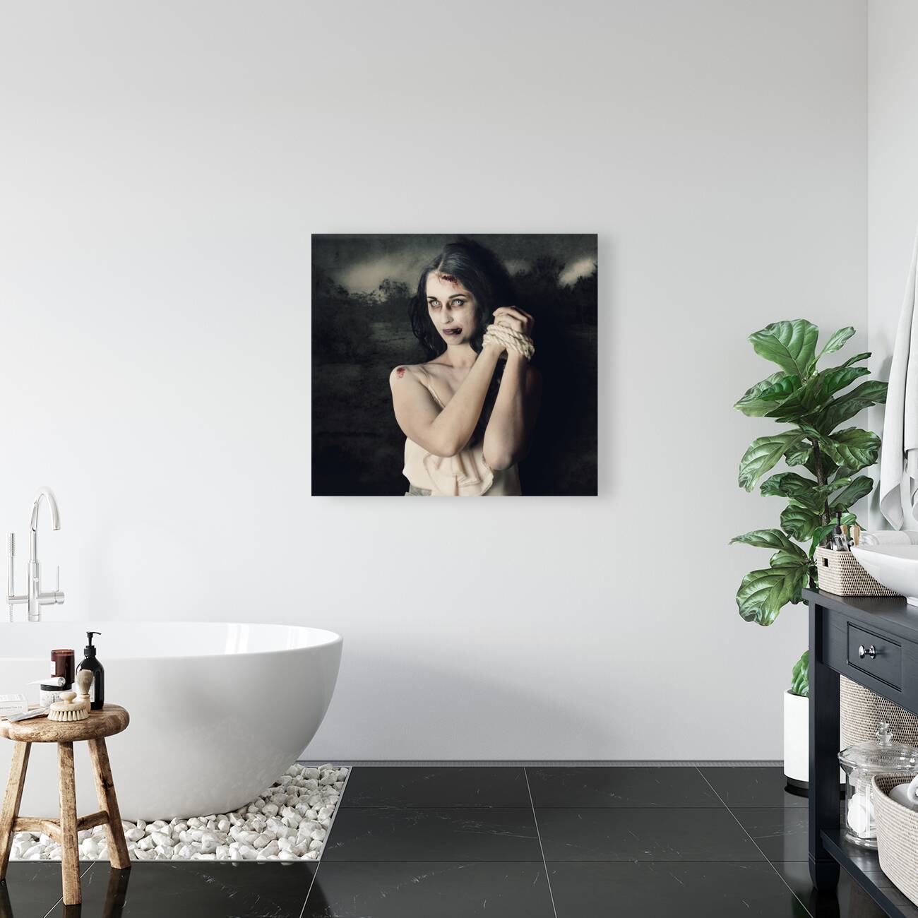 Dark horror scene of an evil zombie woman tied up Reproduction