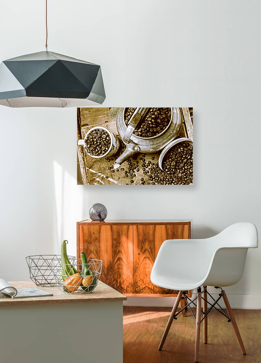 Roasted coffee beans in kettle and cup Reproduction