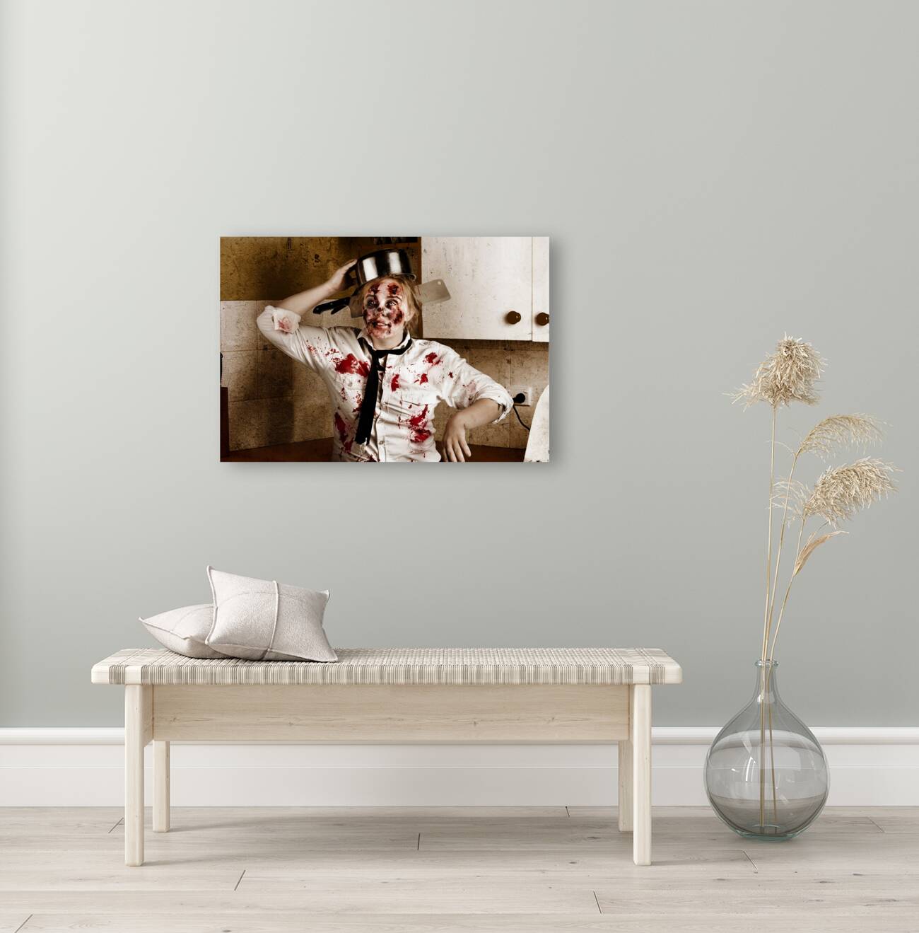 Funny zombie cook dancing in horror kitchen Reproduction